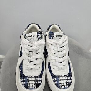 CHANEL White and Navy Tweed Athletic Sneakers